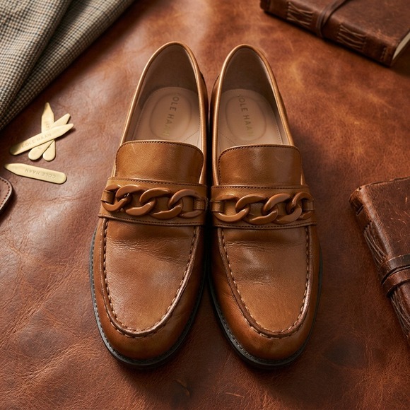 Cole Haan Shoes - Cole Haan Women's Stassi Chain Loafer Pecan Brown Leather Slip On Flats Size 6B